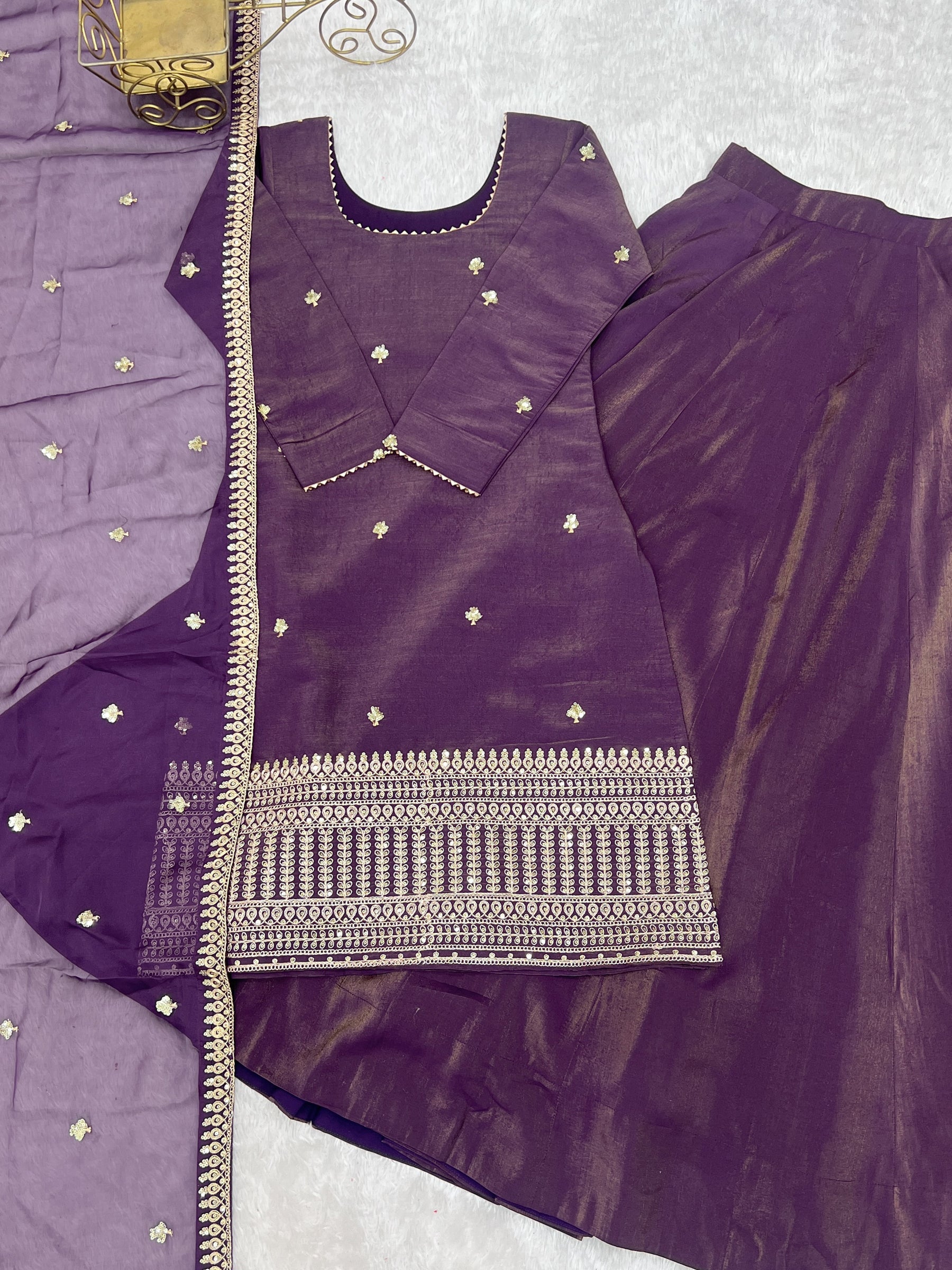 Lorenvalley Fashion Purple Roman Shimmer Chanderi Silk with Embroidery Jari Work Kurta Lehenga with Dupatta
