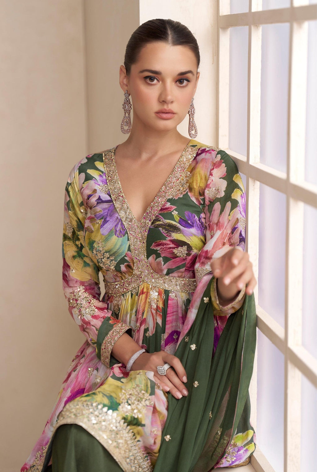 Anaita Dark Green Chinon Stitched Plazzo Suit With Embroidery Work