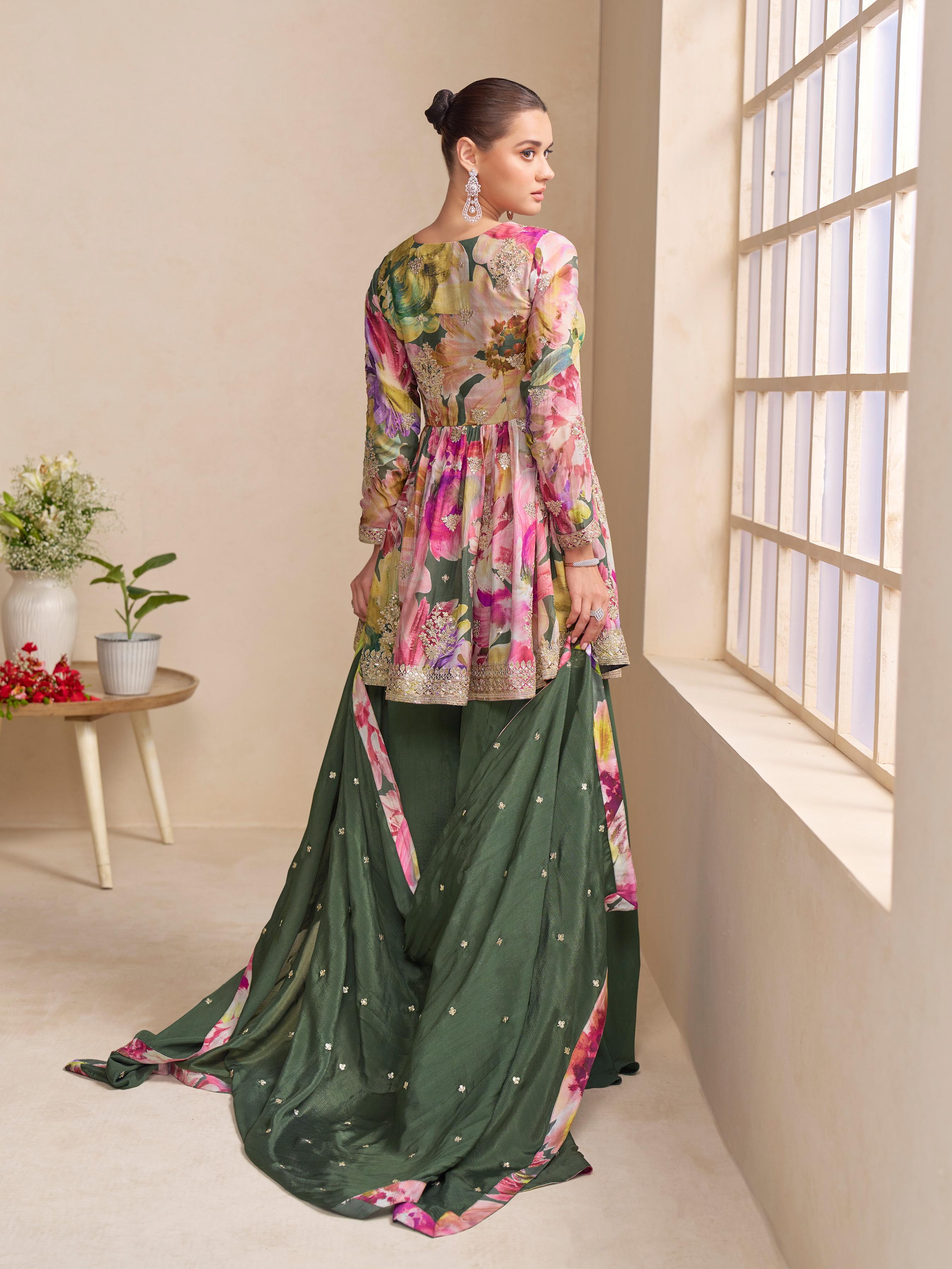 Anaita Dark Green Chinon Stitched Plazzo Suit With Embroidery Work