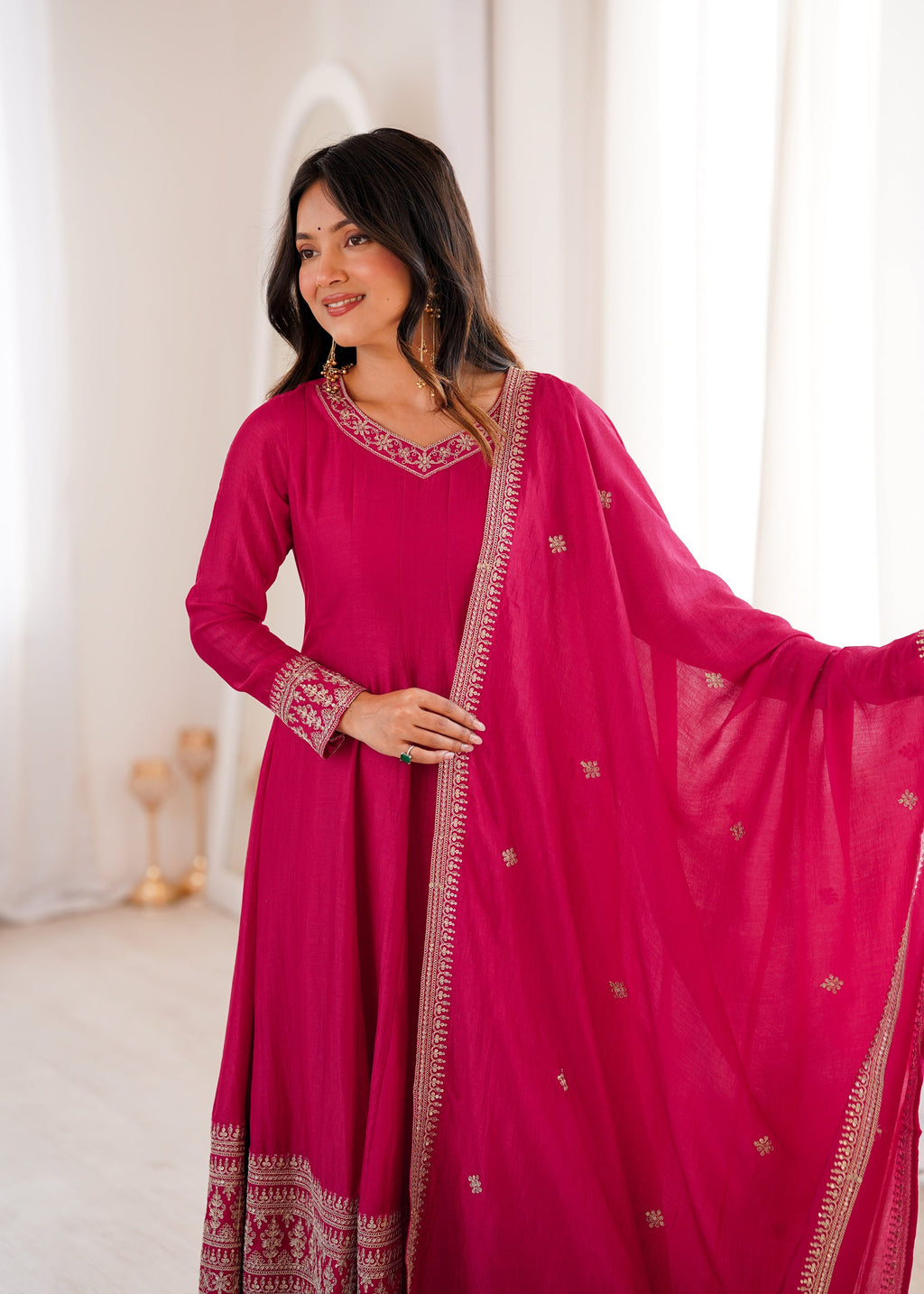 Lorenvalley Fashion Ranipink Vichitra Silk Embroidery Dori and Sequence work Anarkali Gown Pant with Dupatta