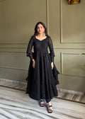 Lorenvalley Fashion Black Faux Georgette Lucknowi Sequence & Thread Work Anarkali Gown Pant with Dupatta