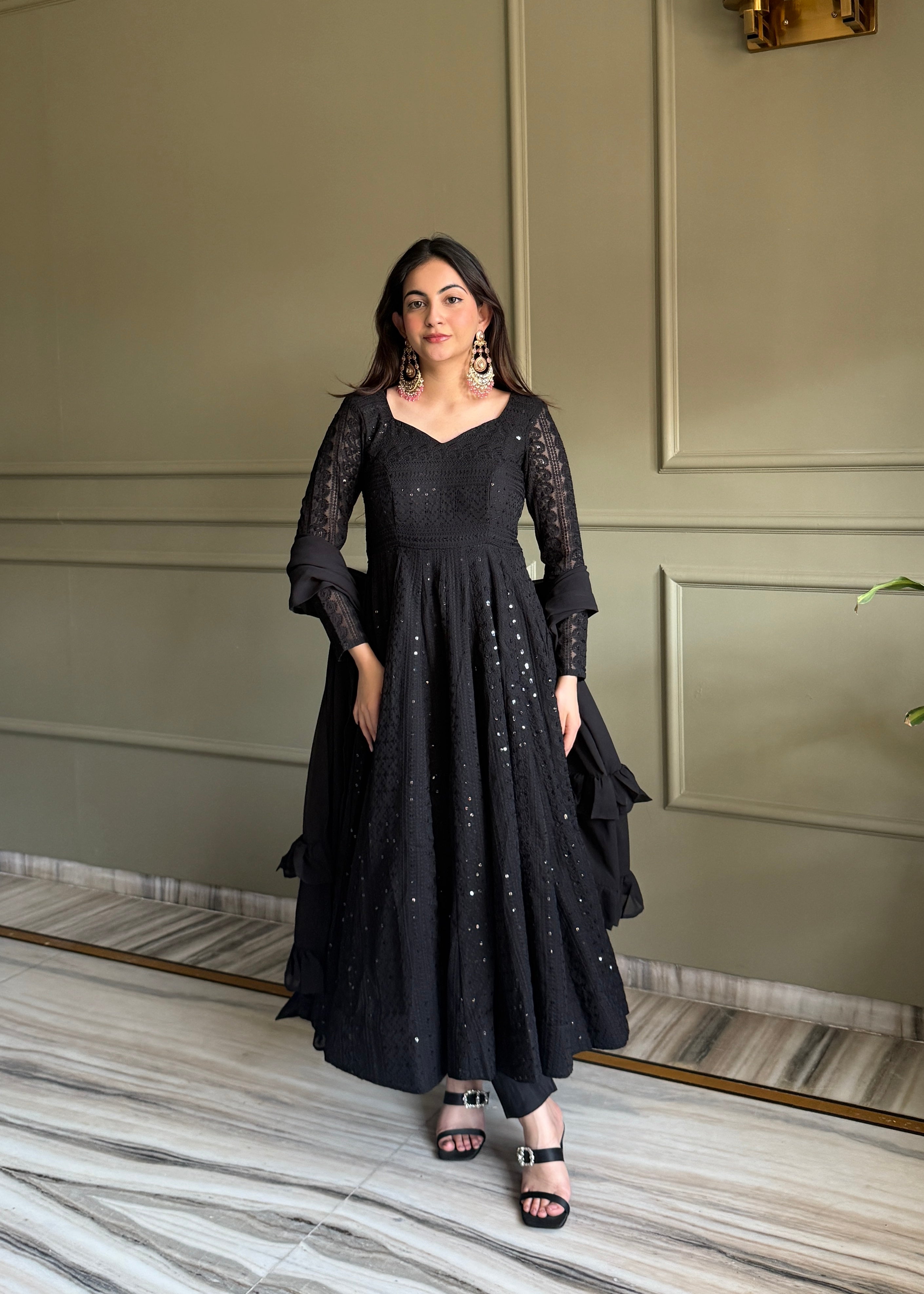 Lorenvalley Fashion Black Faux Georgette Lucknowi Sequence & Thread Work Anarkali Gown Pant with Dupatta