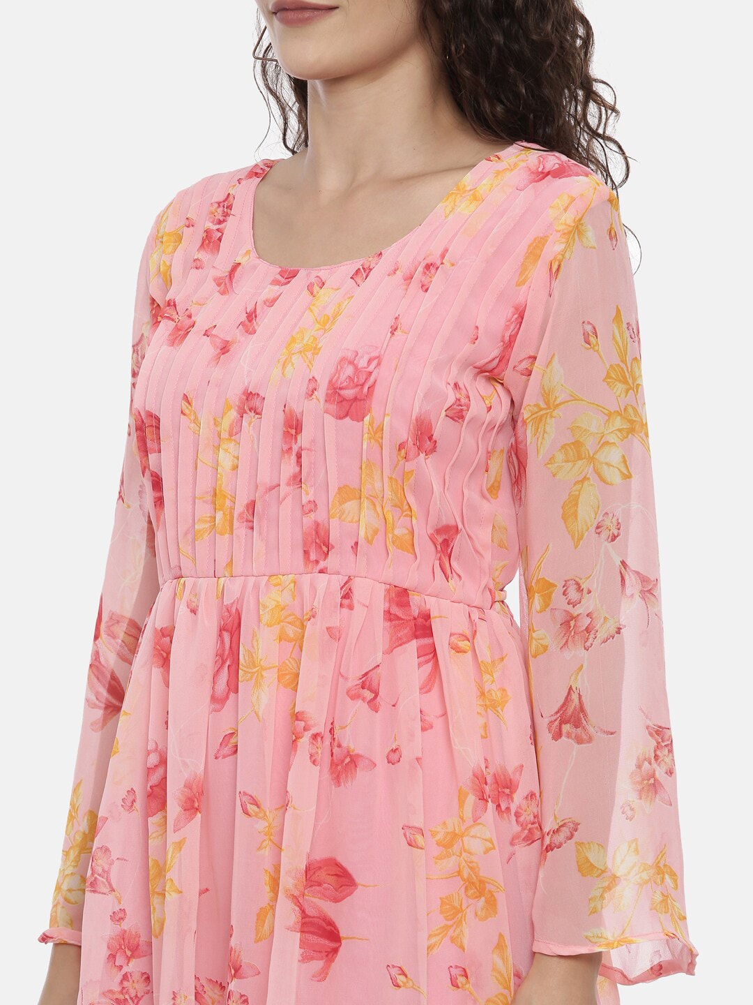 Souchii Pink Floral Printed A-Line Dress For Women