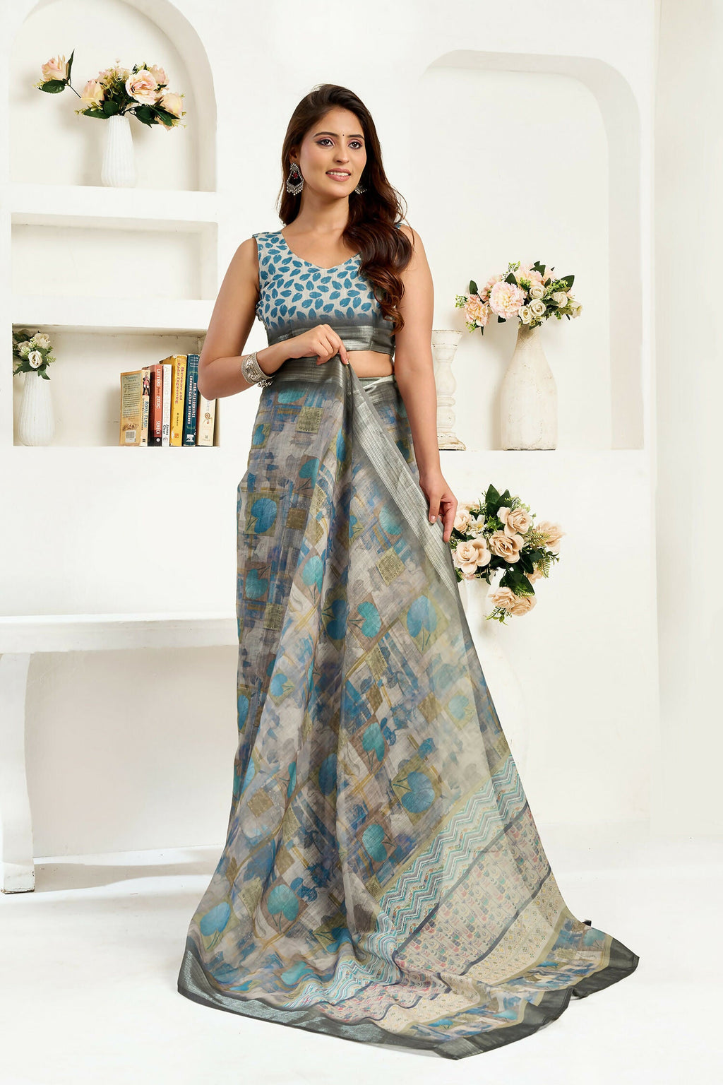 Joban Fashion  Dusty Brown Floral & Ethnic Motifs Linen Ready To Wear Saree With Unstitched Blouse