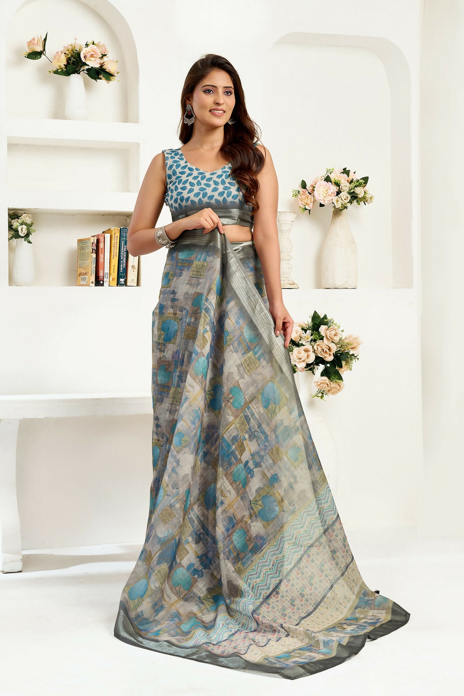 Joban Fashion  Dusty Brown Floral & Ethnic Motifs Linen Ready To Wear Saree With Unstitched Blouse