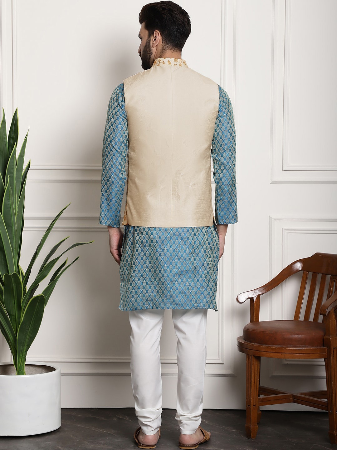 Sojanya Woven Design Mandarin Collar Kurta with Churidar & Nehru Jacket