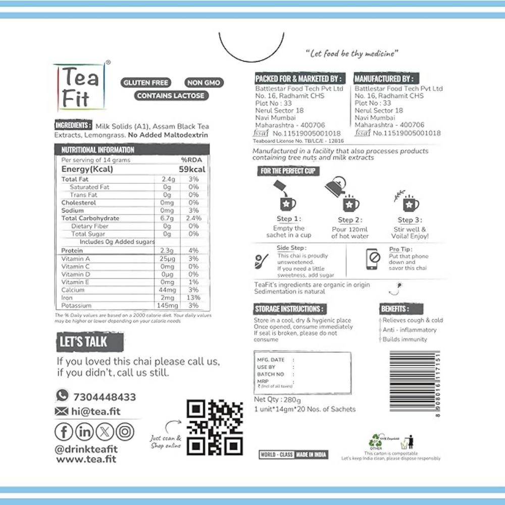 TeaFit Premium NO SUGAR Instant Lemongrass Tea Premix
