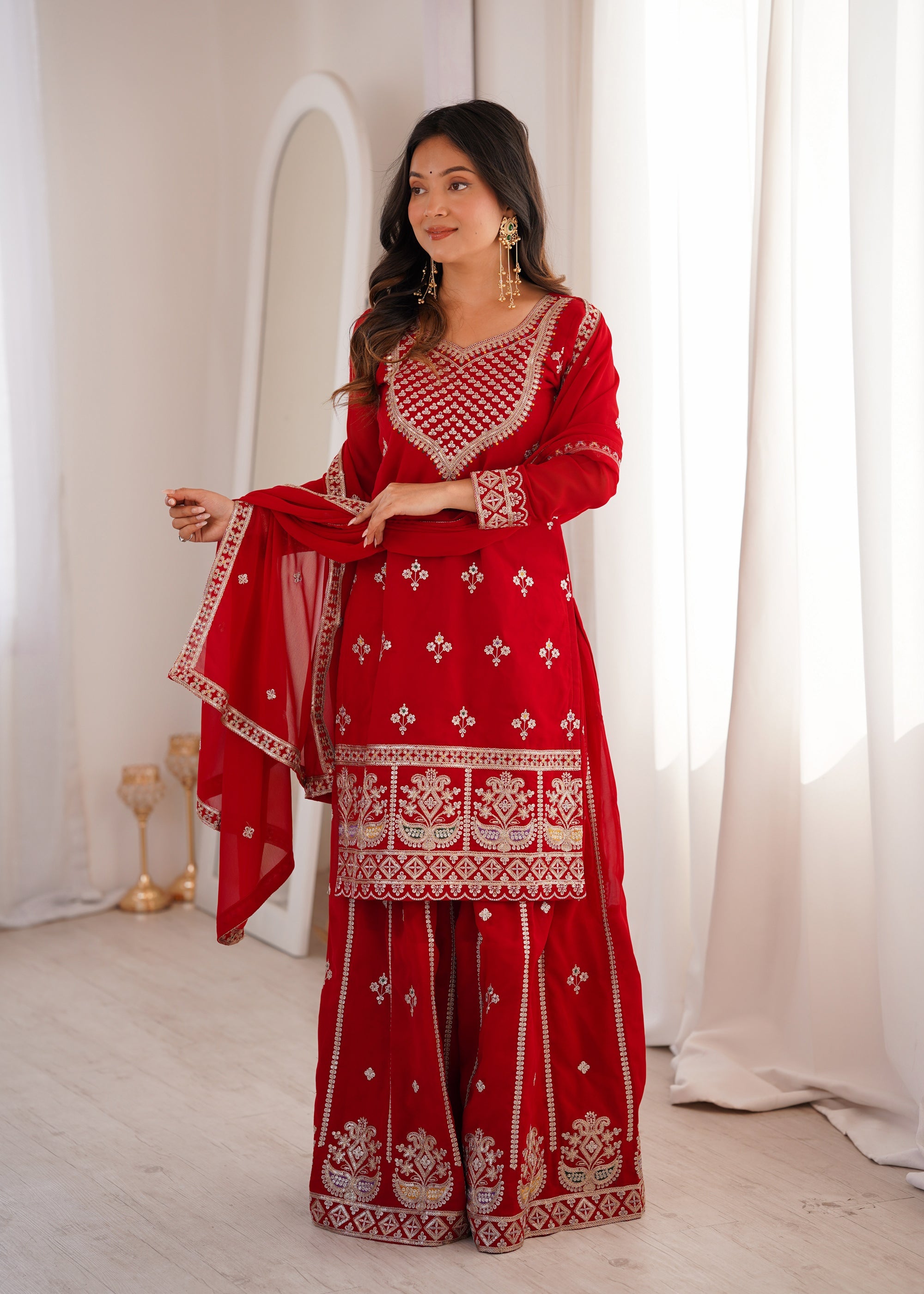 Lorenvalley Fashion Red Faux Georgette Embroidery Dori, Jari, Sequence and Thread Work Kurta Sharara with Dupatta