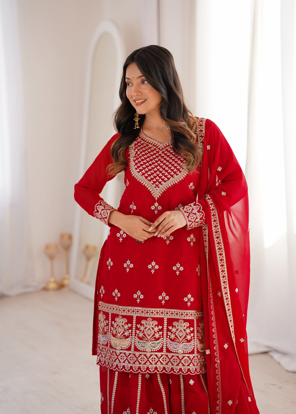 Lorenvalley Fashion Red Faux Georgette Embroidery Dori, Jari, Sequence and Thread Work Kurta Sharara with Dupatta