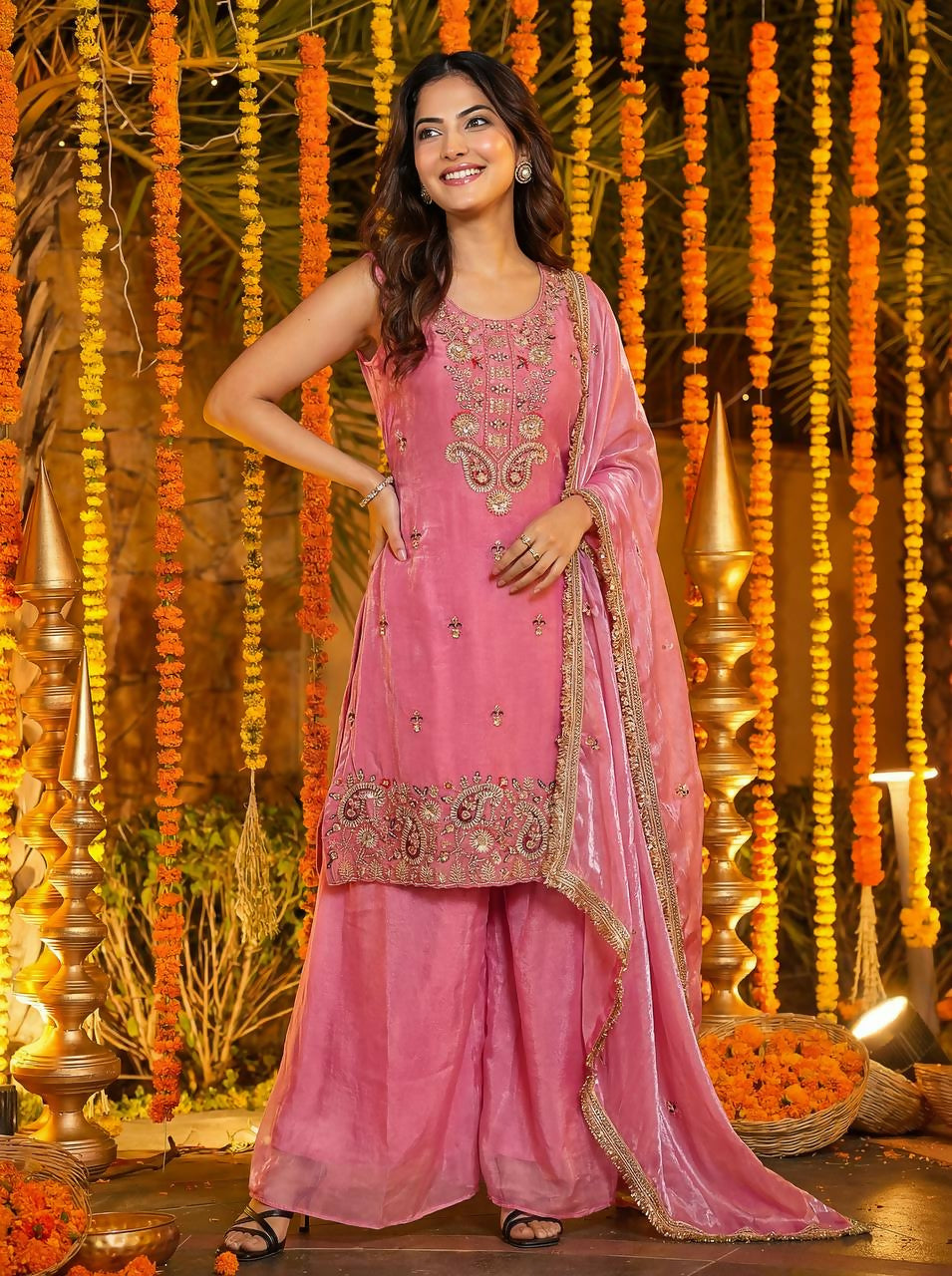 Teeya Creation Pink Fendy Silk Beads Work Designer Wedding Wear Salwar Suit