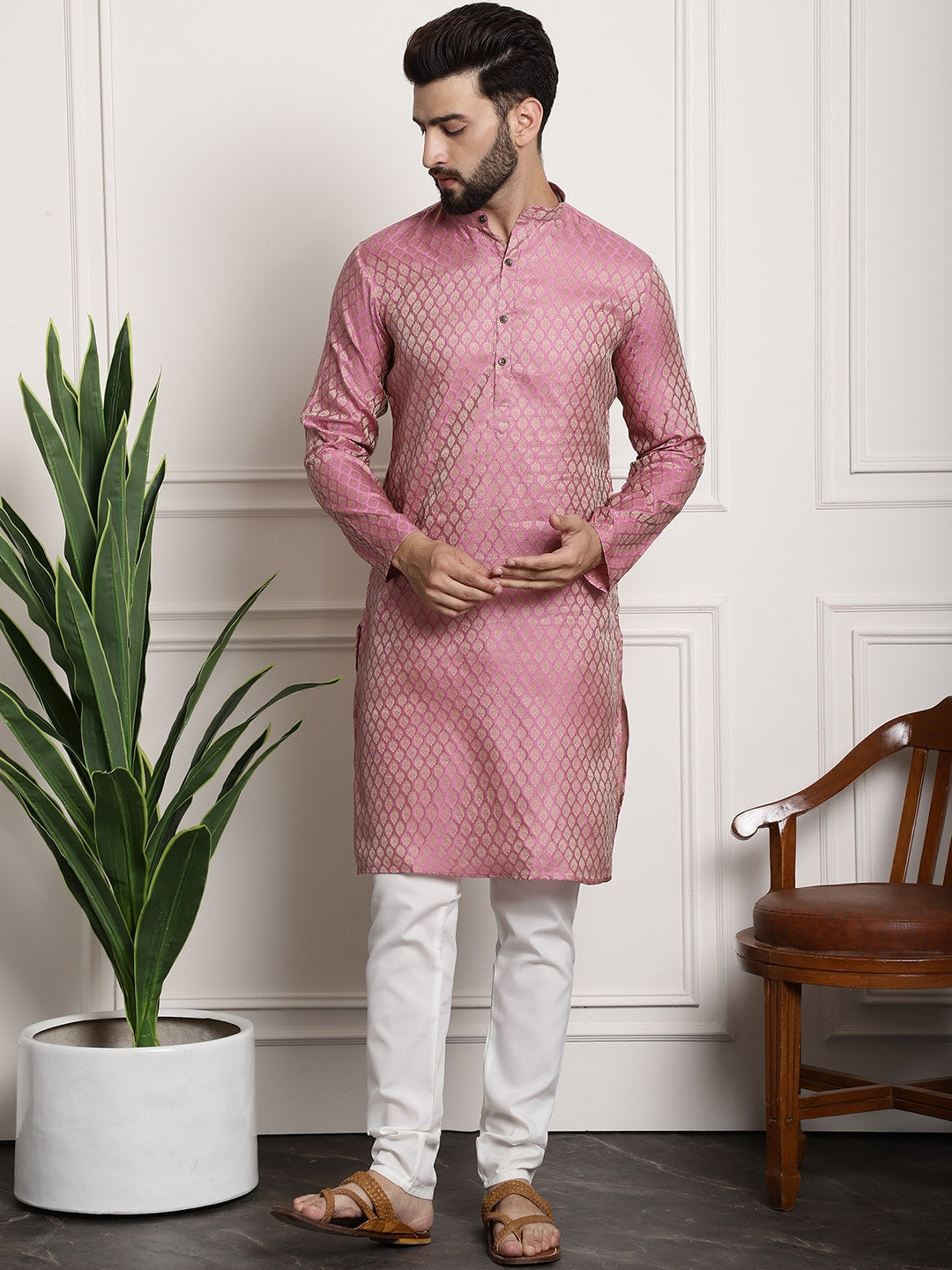 Sojanya Woven Design Mandarin Collar Kurta with Churidar & Nehru Jacket