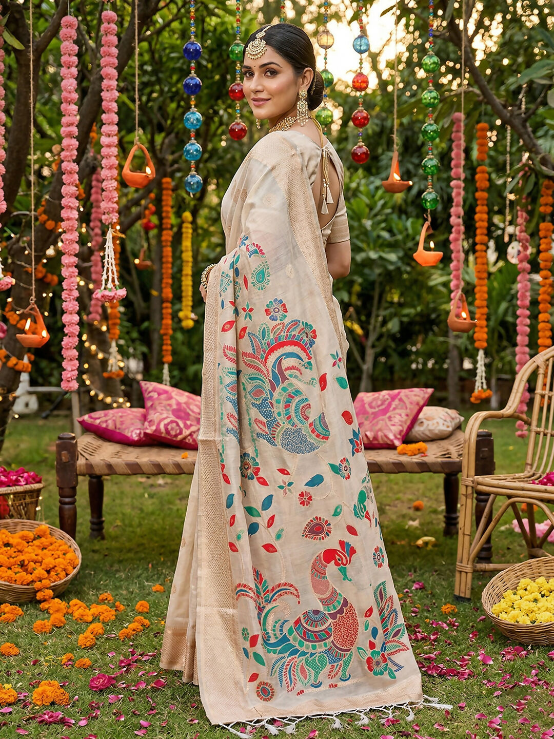 Shree Shyam Fashion Cream Linen Cotton Saree