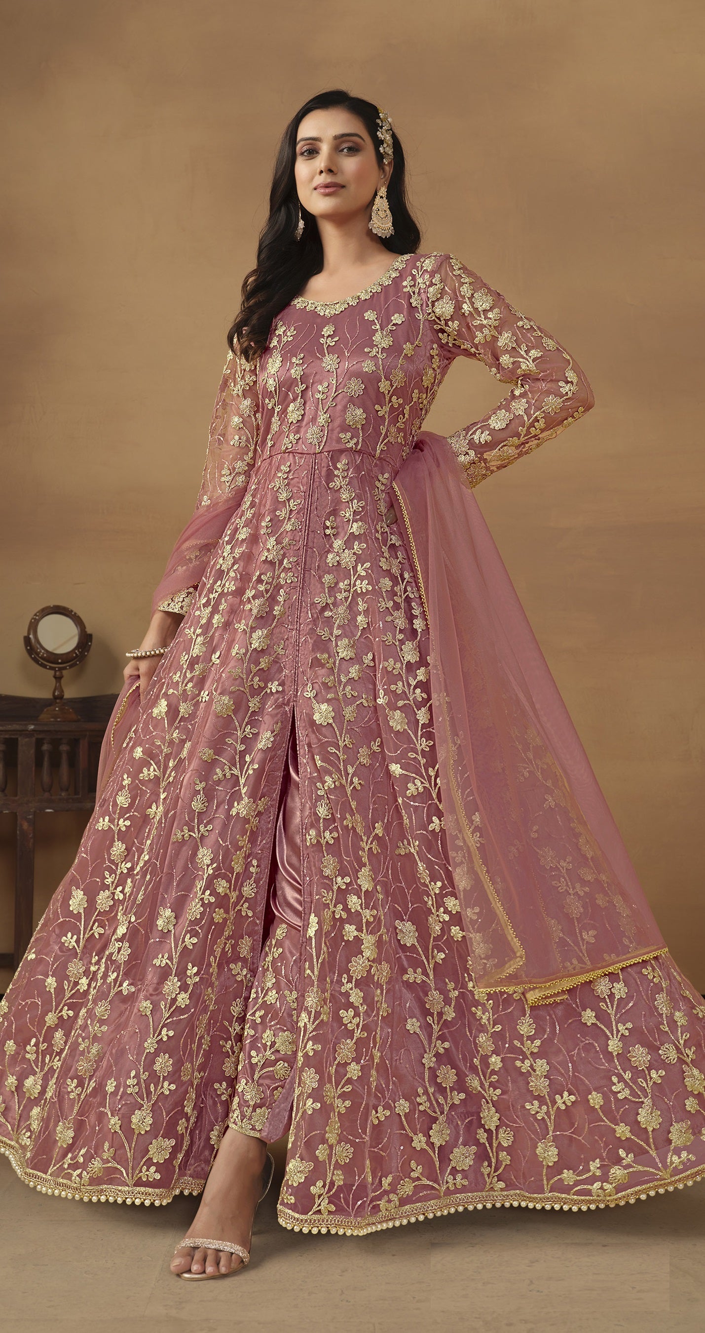 Anaita Pink Embroidered Butterfly Net Anarkali Suit