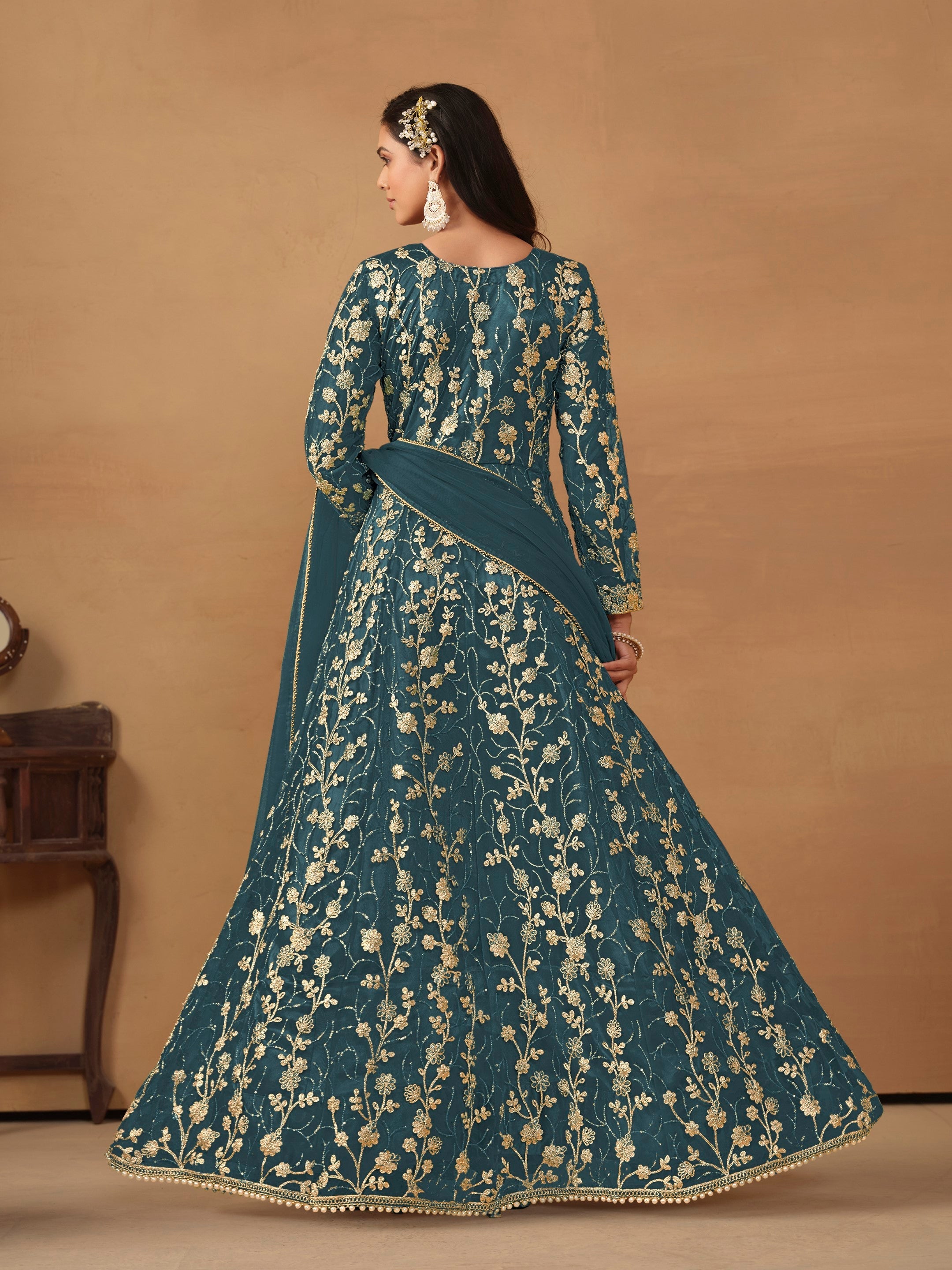 Anaita Dark Grey Embroidered Butterfly Net Anarkali Suit