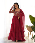 Evanik Women Maroon Festive Wear Embroidered Anarkali Kurta with Dupatta