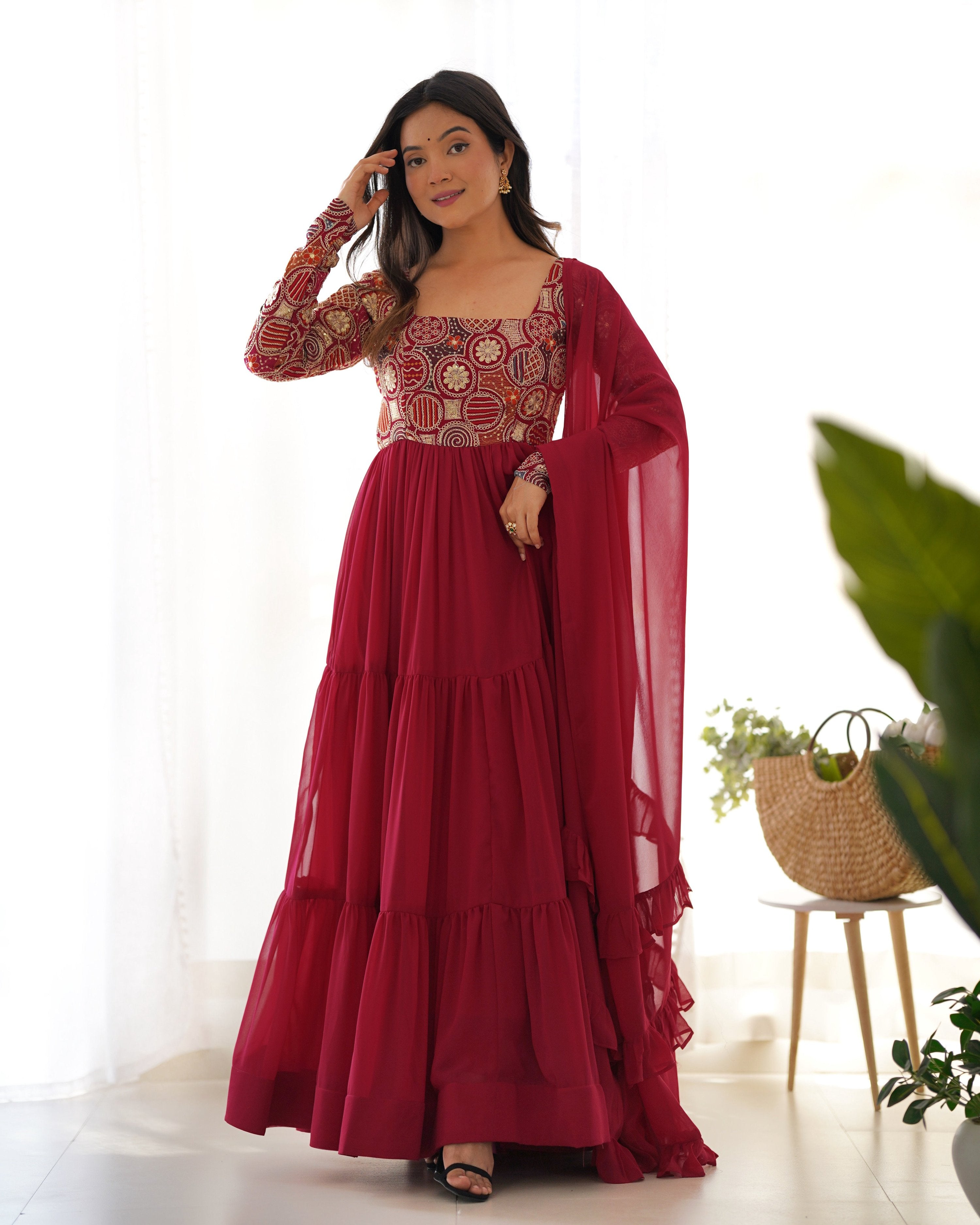Evanik Women Maroon Festive Wear Embroidered Anarkali Kurta with Dupatta
