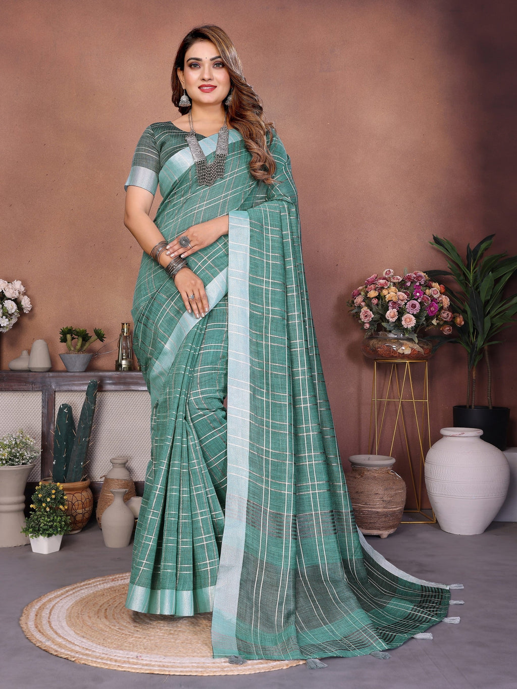 Anaita Teal Green Weaving Linen Cotton Saree With Blouse