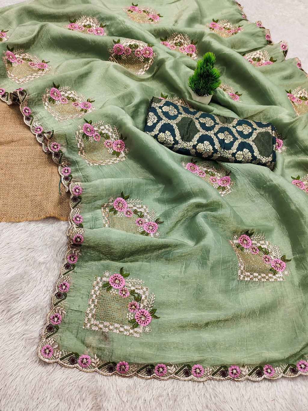 Teeya Creation Pista Color Pure Paper Silk Heavy Embroidery Work Wedding Wear Saree