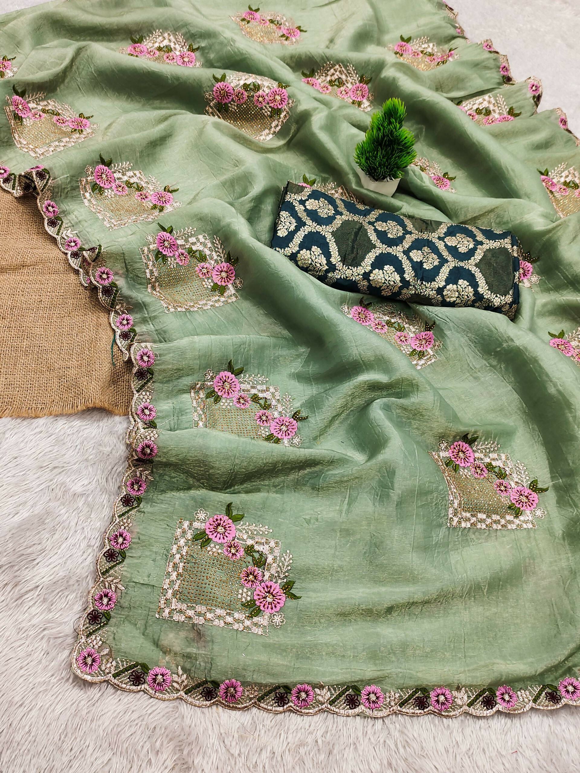 Teeya Creation Pista Color Pure Paper Silk Heavy Embroidery Work Wedding Wear Saree