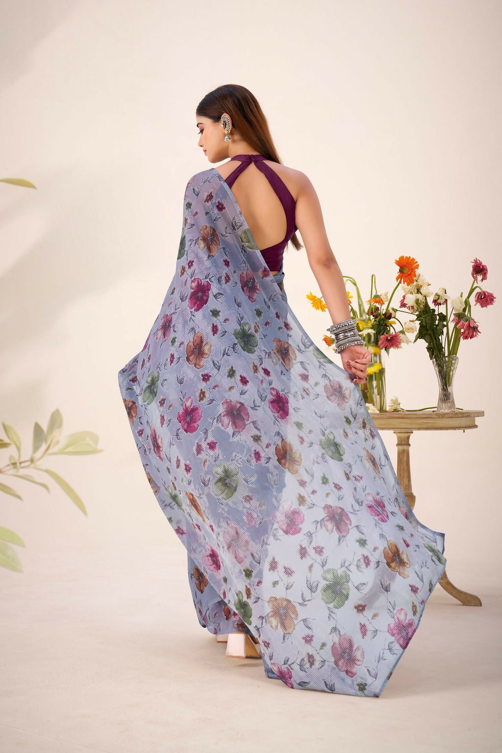 Vastranavya Grey Lurex Brasso Floral Printed Saree with Unstitched Blouse