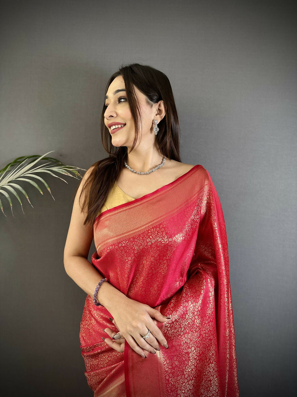 Joban Fashion Red Floral Motifs & Ethnic Design Soft Satin Silk Kanchipuram Saree