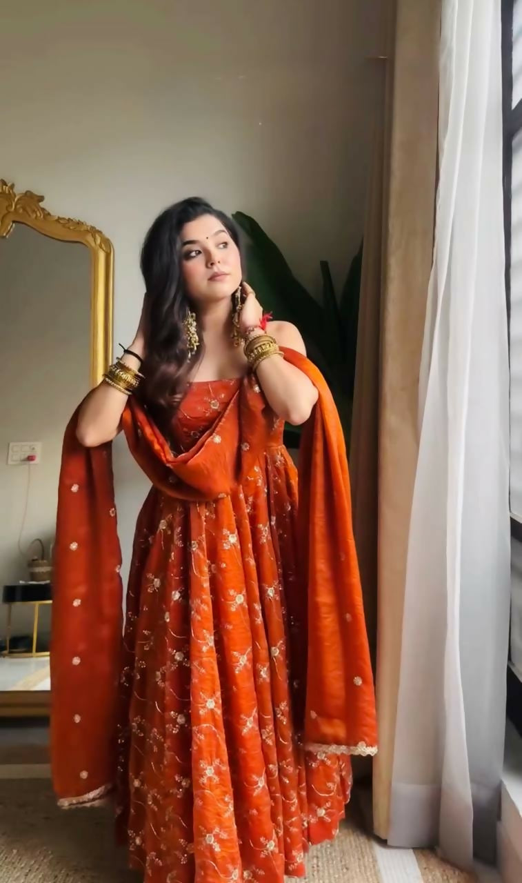 Teeya Creation Orange Color Fendy Silk Heavy Embroidery Work Wedding Wear Long Gown