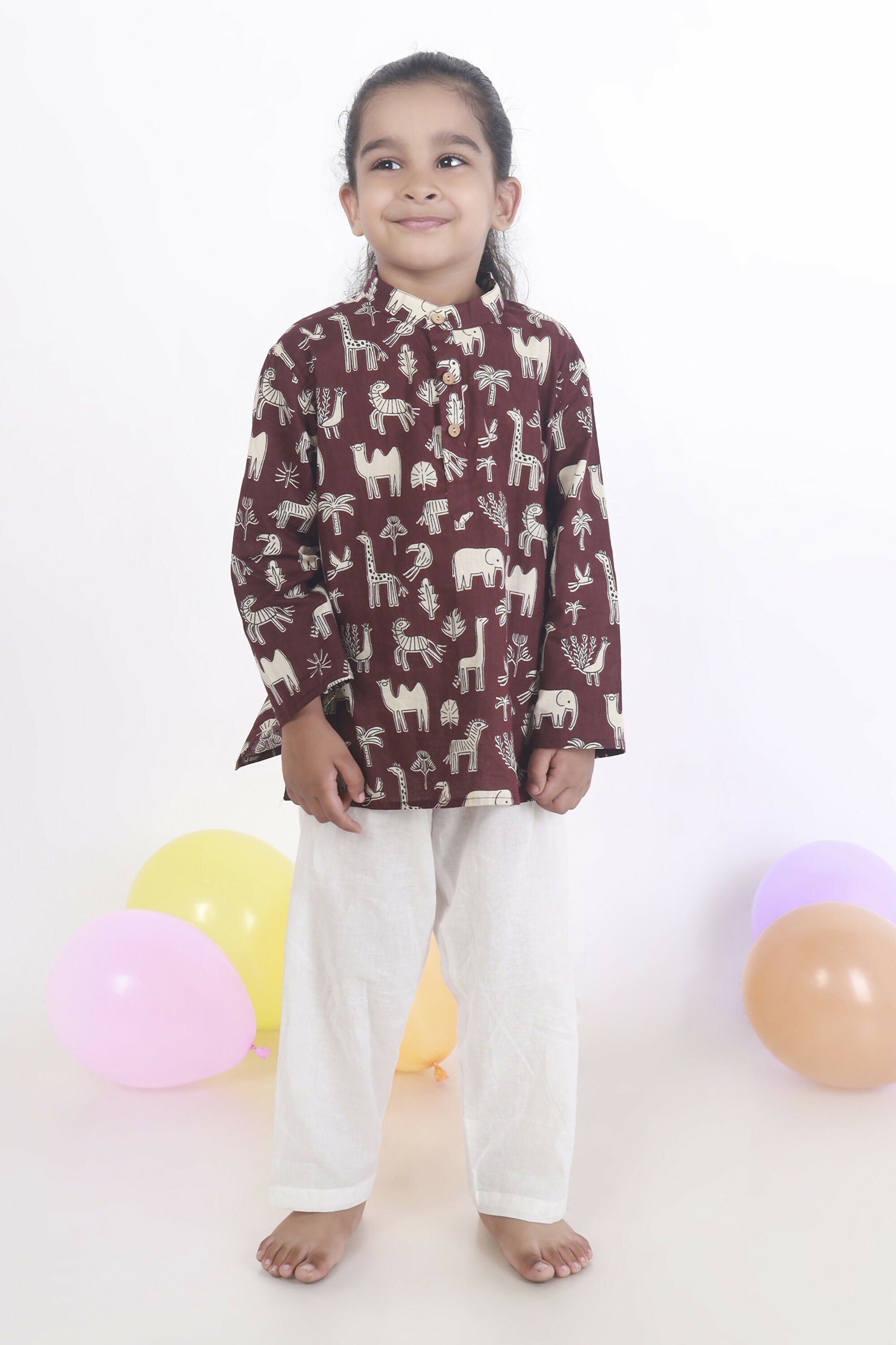 Breathables Kids Cotton Night Suit – Wine Animal Print Kurta & Pyjama Co-Ord Set For Boys & Girls
