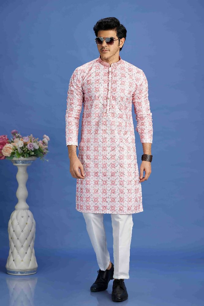 Raivat Ethnic Cotton Embroidery Kurta Pajama In Pink Colour