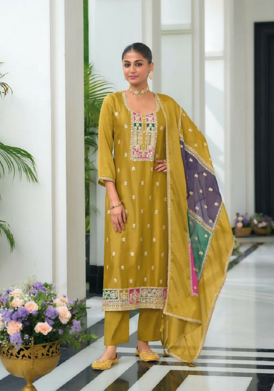 Teeya Creation Yellow Color Chinon Silk Embroidery Work Wedding Wear Designer Salwar Suit