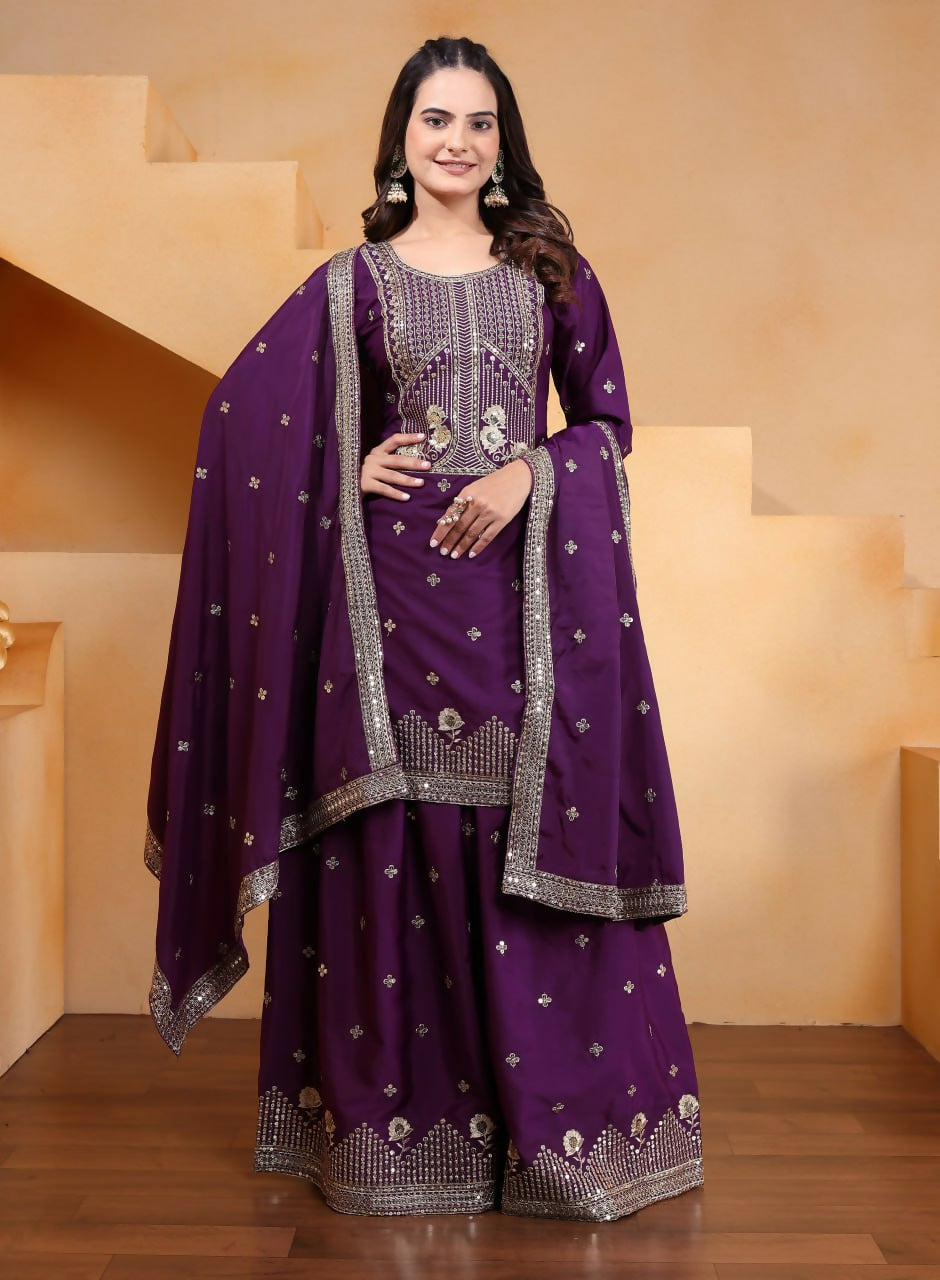 Joban Fashion Wine Crepe Embroidered Sharara Set