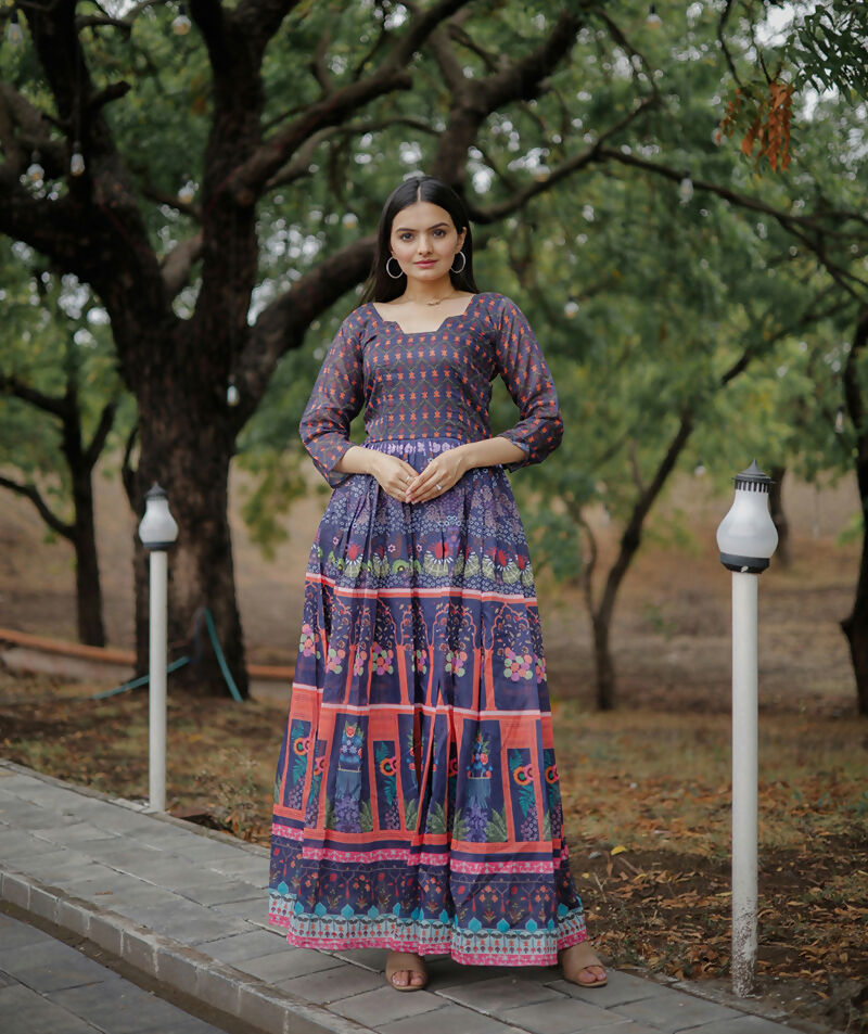Aayaa Pure Chanderi Gown With Heavy Digital Print - Multi Color