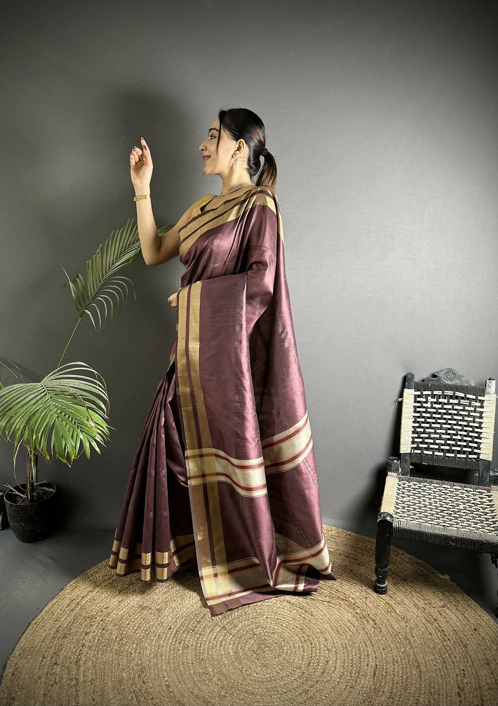 Joban Fashion Wine Woven Pattern Raw Silk Kanjivaram Silk Saree