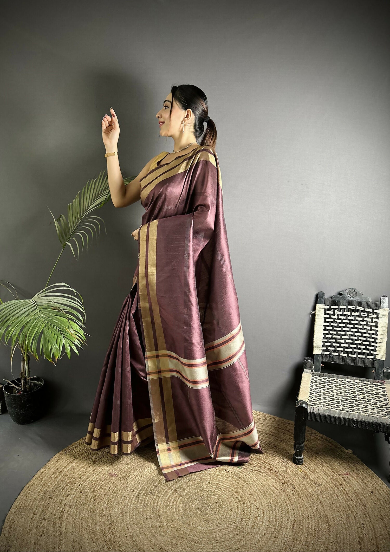 Joban Fashion Wine Woven Pattern Raw Silk Kanjivaram Silk Saree