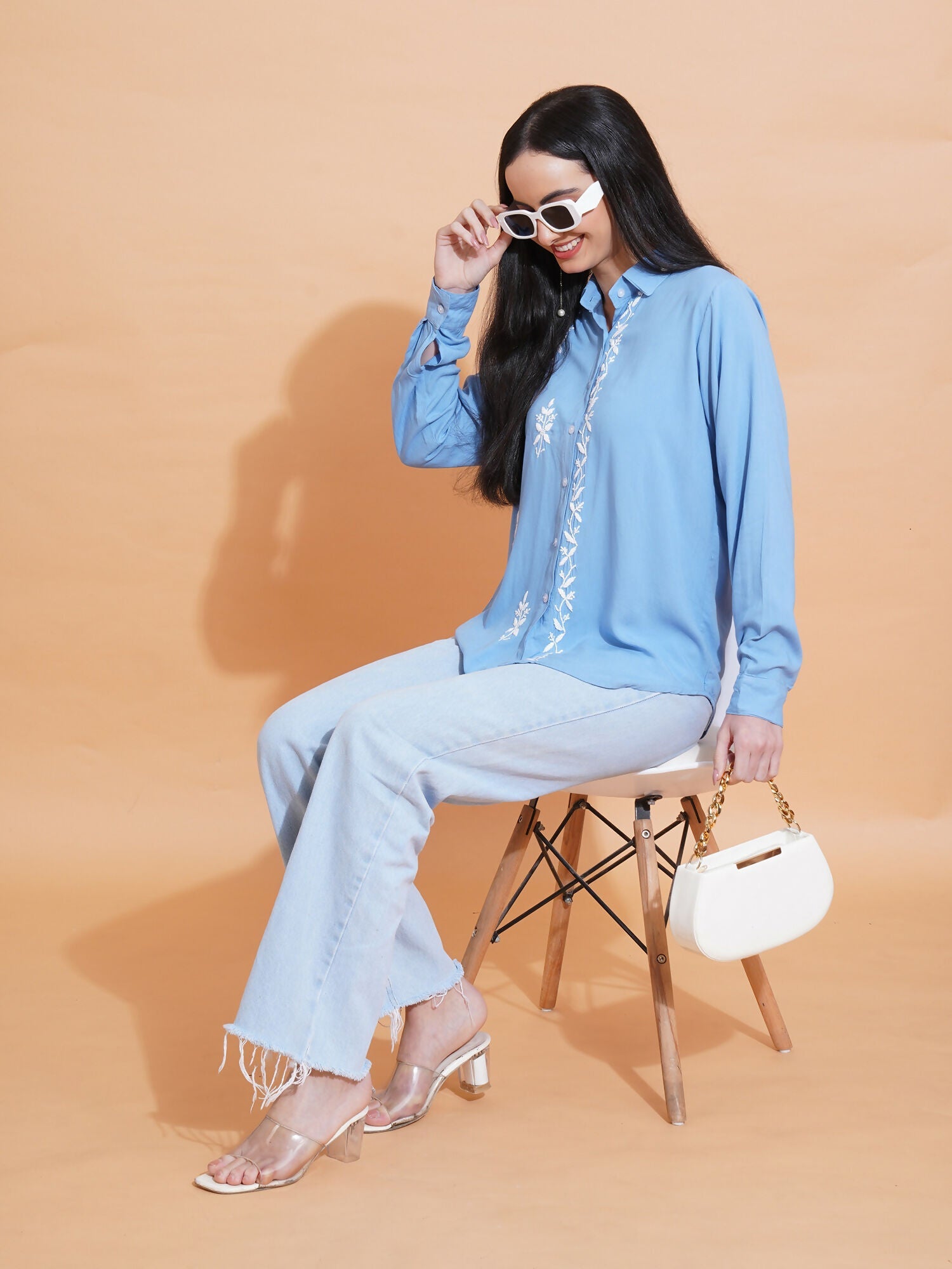 Pahnaz Modal Chikankari Handwork Shirt-Blue