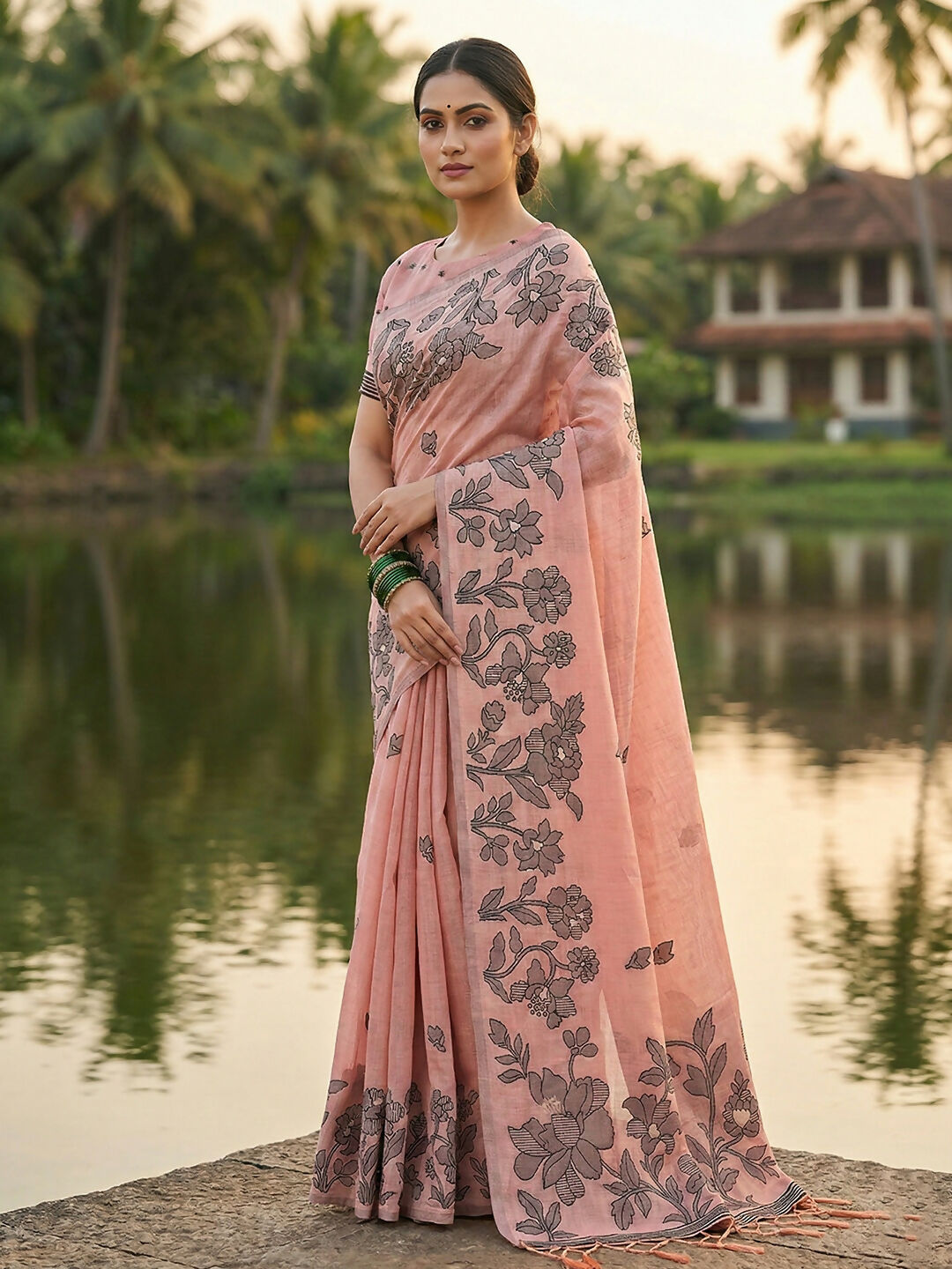 Shree Shyam Fashion Peach Linen Cotton Saree