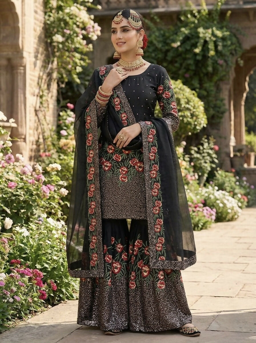 Teeya Creation Black Fendy Silk Heavy Embroidery Work Party Wear Sharara Suit