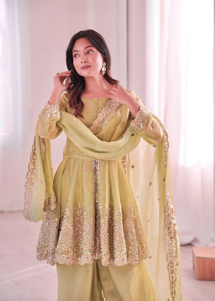 Teeya Creation Pista Color Fendy Satin Silk Embroidery Work Party Wear Salwar Suit