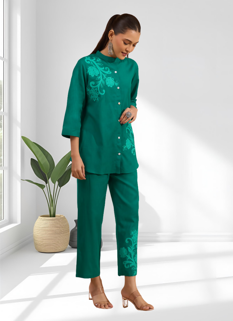 Joban Fashion Green Cotton, Linen Embroidered Readymade Cord Set
