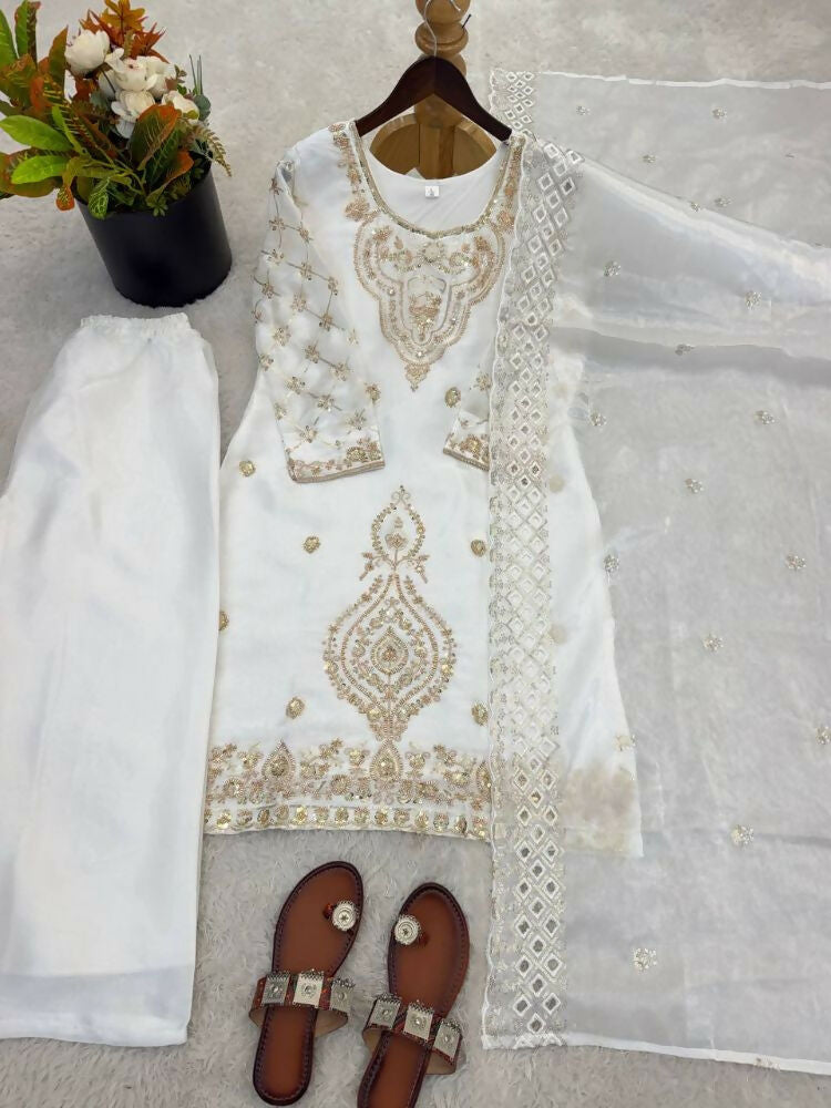 Teeya Creation White Color Gimmychu Silk Embroidery Work Wedding Wear Salwar Suit