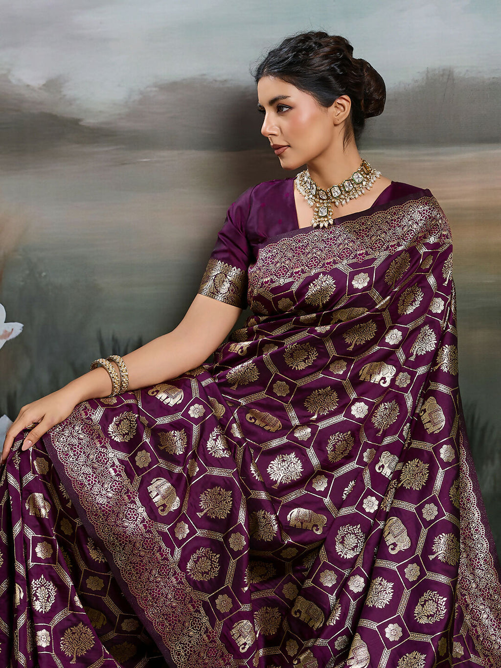 Shree Shyam Fashion Wine Silk Blend Saree