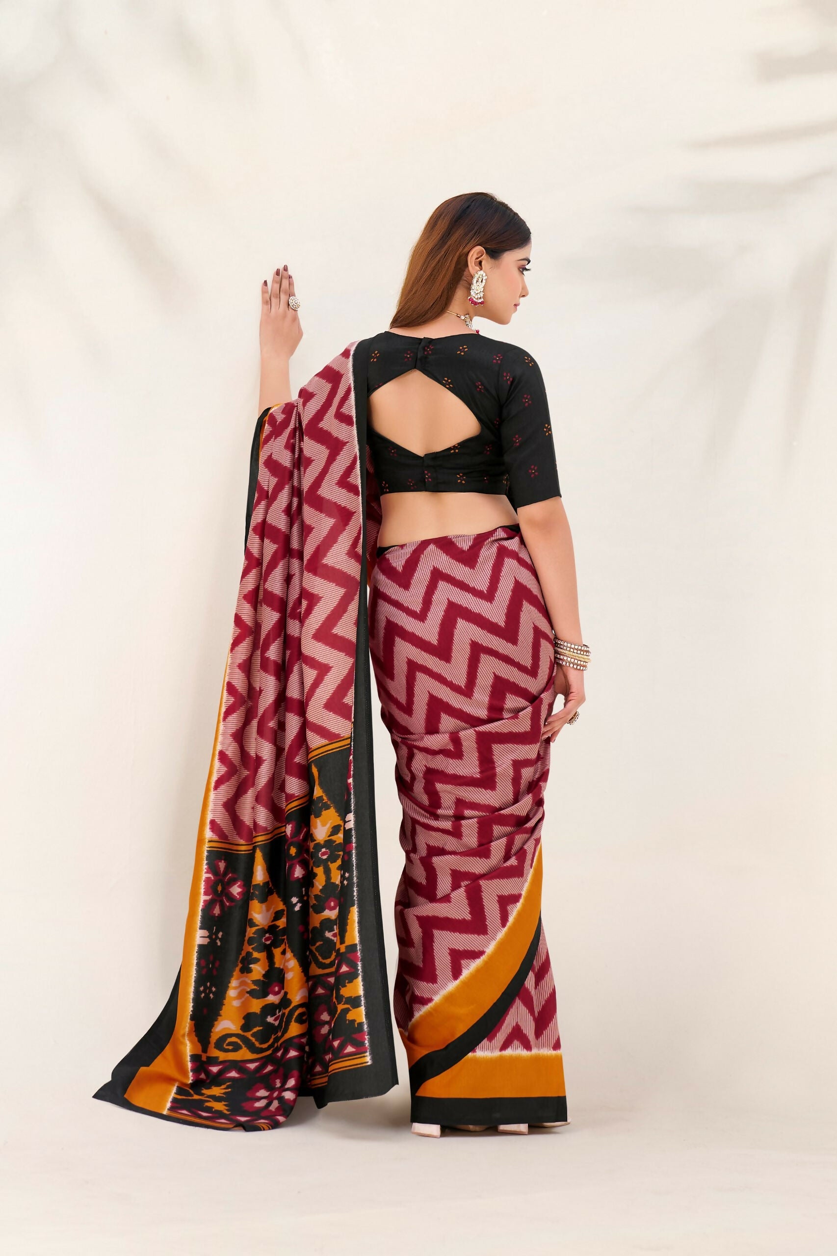 Vastranavya Maroon Tussar Silk Zigzag Waves Printed Saree with Unstitched Blouse