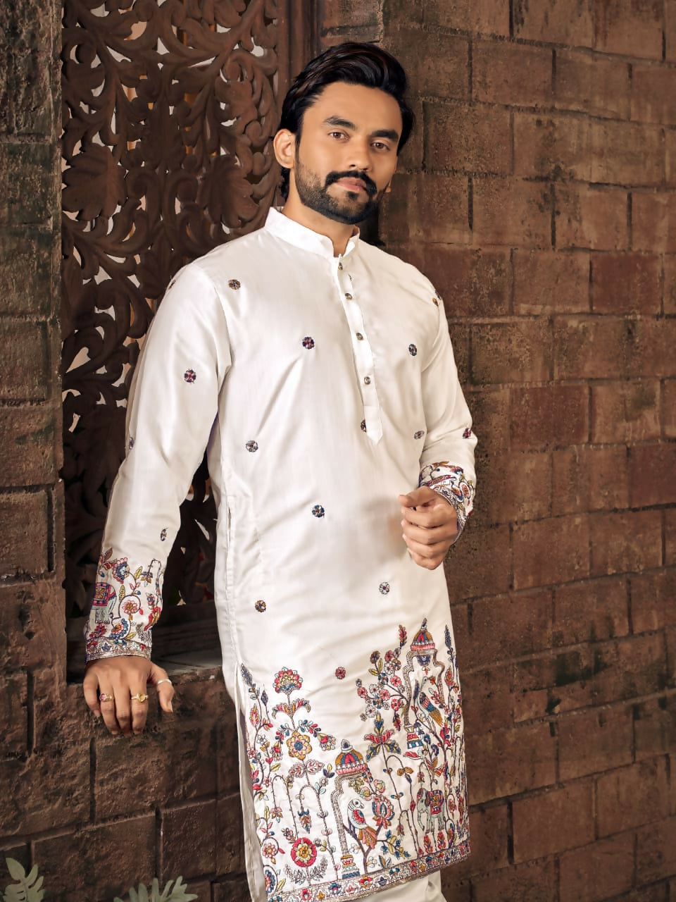 Anaita White Multi Thread Work Silk Straight Kurta