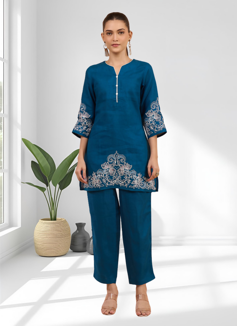 Joban Fashion Teal Linen Embroidered Readymade Cord Set