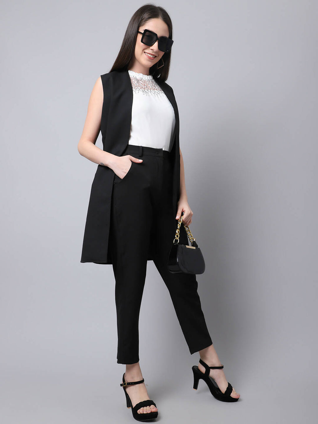 Even Apparels Black Polywool Open Front Women's Long Coat PW668