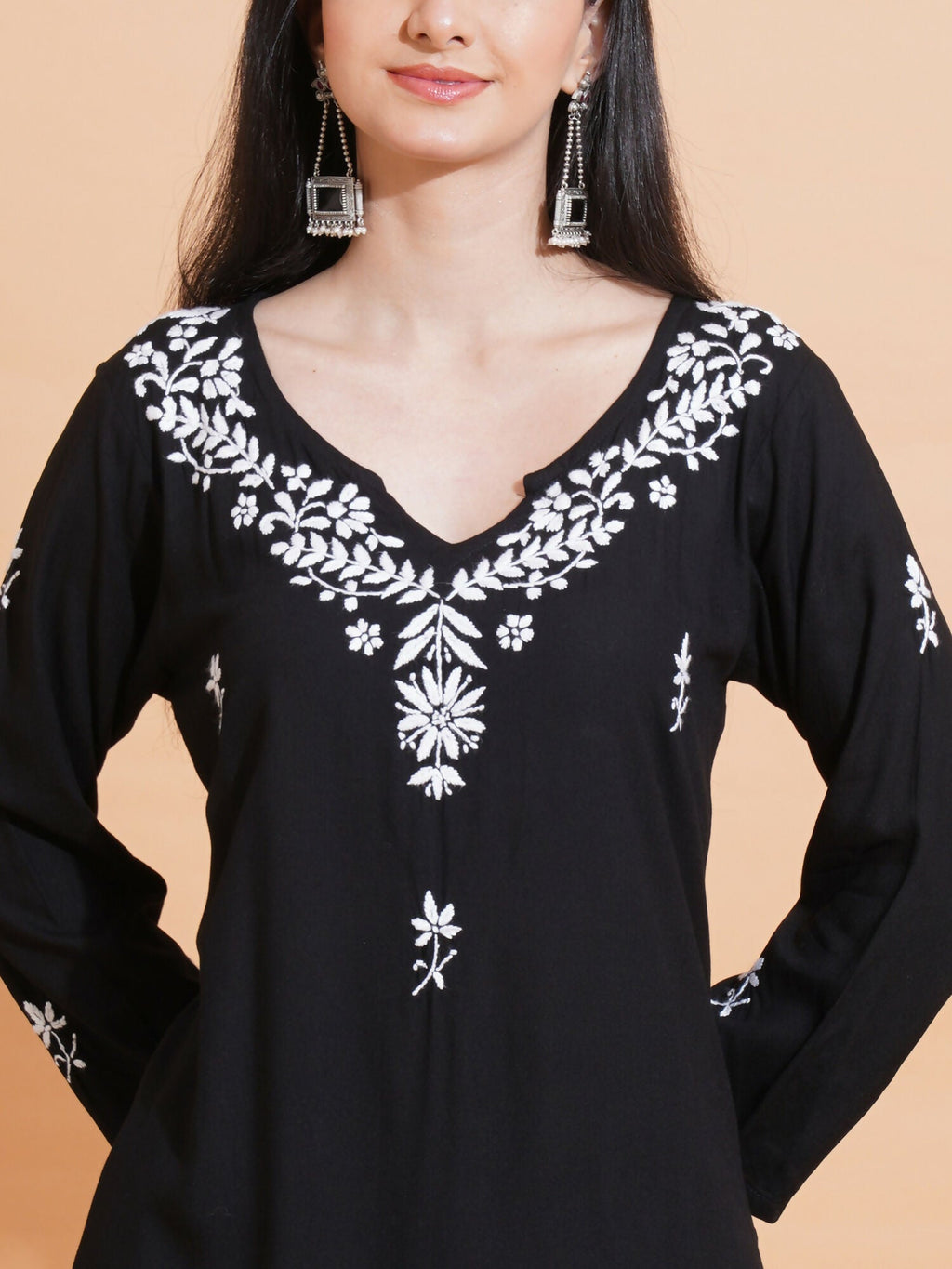 Pahnaz Luxury Rayon Chikankari Long Kurti-Black
