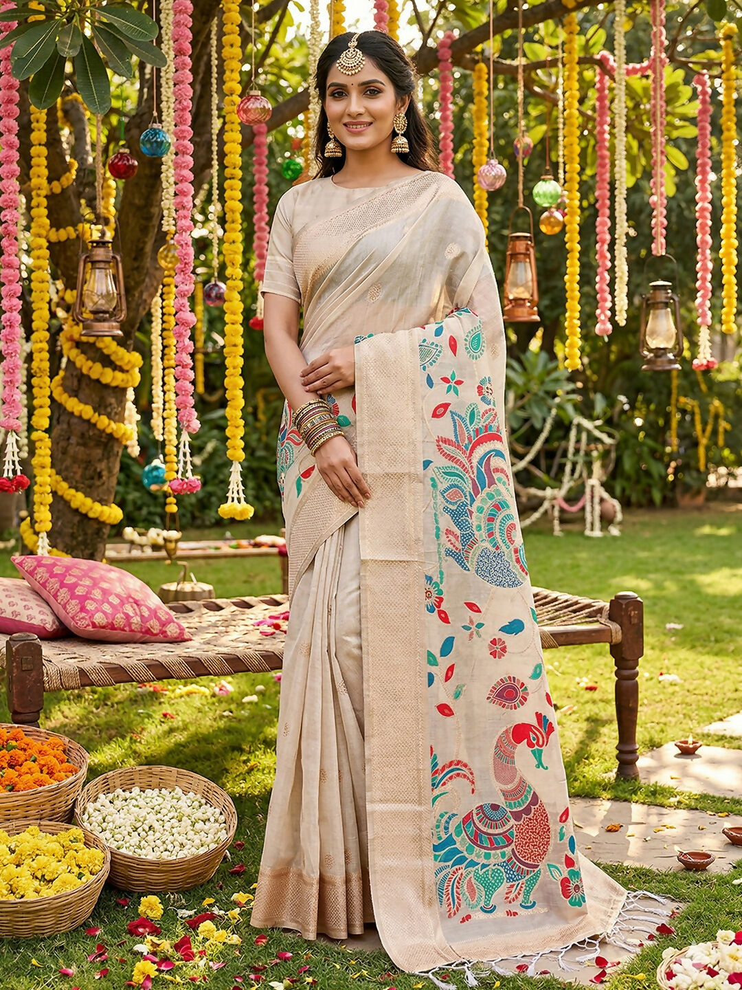 Shree Shyam Fashion Cream Linen Cotton Saree
