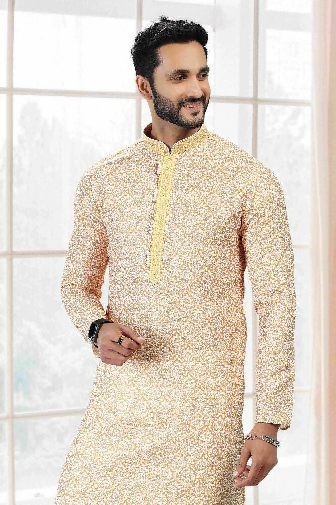 Raivat Ethnic Cotton Thread Work Kurta Pajama In Yellow Colour