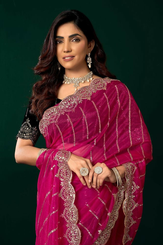 Joban Fashion Rani Pink Net Party Wear Sarees