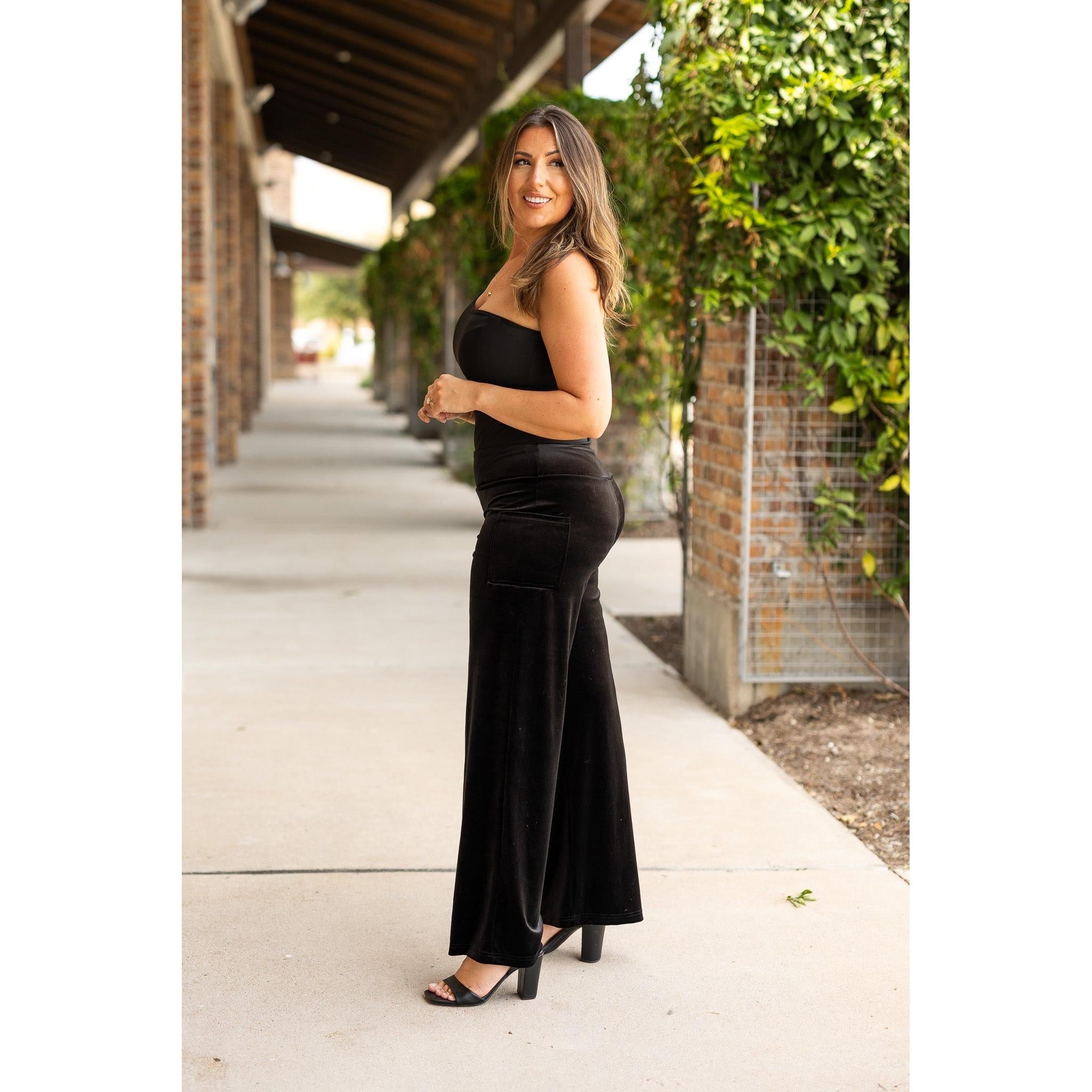 Ready to Ship | The Regina - Black Velvet Wide Leg Pants
