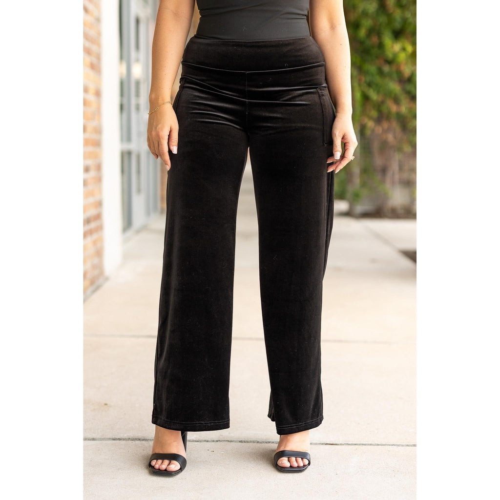 Ready to Ship | The Regina - Black Velvet Wide Leg Pants